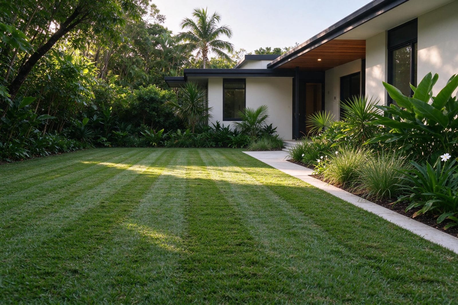 A freshly mown striped lawn with crisp edges along a garden bed.