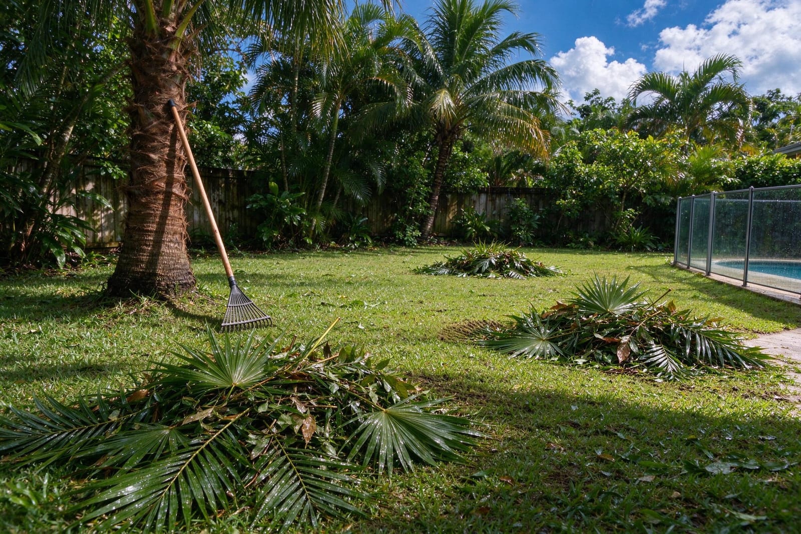 Raked piles of palm fronds and leaves on a green lawn after a summer storm.